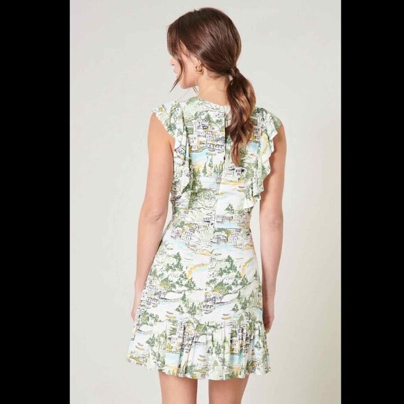 Sugarlips Francine Toile Print Ruffle Mini Dress Multi-Green Anthropologie - Picture 2 of 14